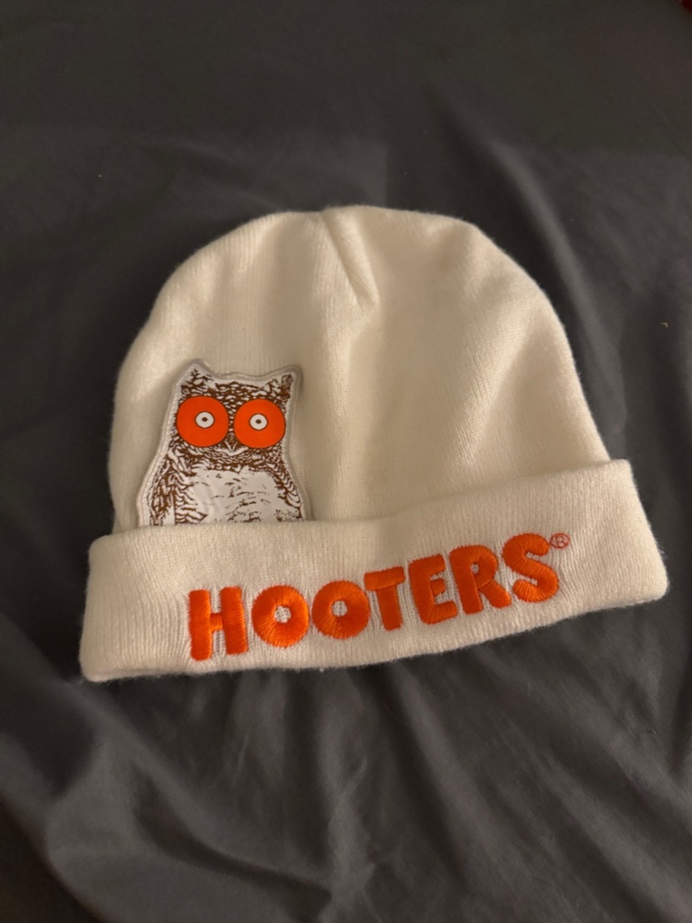 Hooters White Beanie Hat with Orange Logo